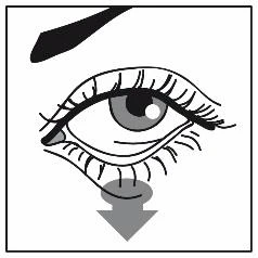 Dibujo del ojo humano con pestañas largas y ceja, debajo del cual se encuentra una flecha gris dirigida hacia abajo, apuntando hacia el párpado inferior
