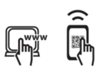 Icona di un computer con scritta www e mano che indica lo schermo, e icona di uno smartphone con codice QR e mano che indica il dispositivo con segnale Wi-Fi