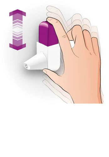 Mano che tiene un inalatore bianco con estremità viola, mostrando il movimento di scorrimento verso l'alto e verso il basso indicato da una freccia viola