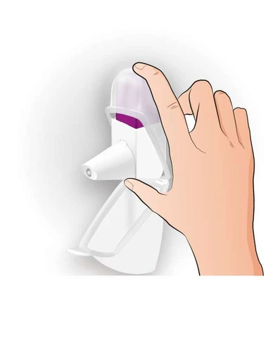 Right hand holding a white inhaler with a purple internal component, gripping the device at the middle section and upper cover on a white background