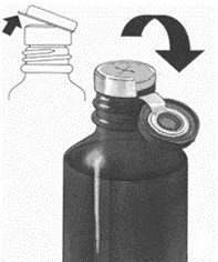 Diagram showing the removal of the cap from a medicine bottle and unlocking the safety feature using arrows indicating the direction of motion
