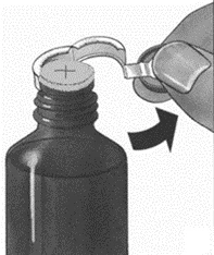 A hand unscrewing the metal safety seal from a dark medicine bottle, illustrated by a black arrow indicating the direction of cap rotation