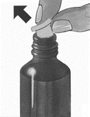 Hands removing a white stopper from a dark glass medicine bottle, indicated by a black upward-pointing arrow