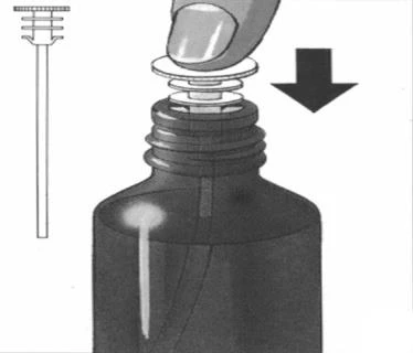 A finger pressing down on the rubber stopper of a medicine vial, directed downward according to a black arrow, with a schematic drawing of a syringe and plunger shown nearby