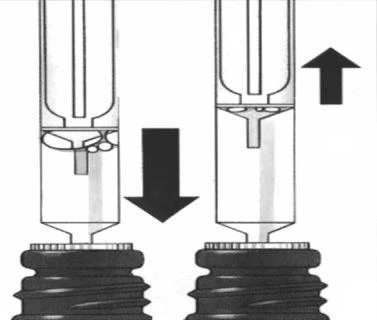 Diagram showing two steps: the syringe being pressed downward onto the vial stopper and then pulled vertically upward, indicated by a black arrow