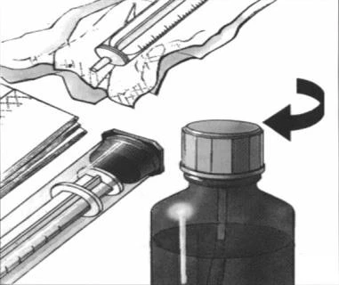 A syringe with needle placed next to a glass vial containing dark liquid and a cap, with a black arrow indicating counter-clockwise rotation of the cap
