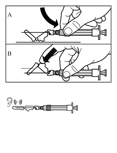 Schema illustrativo che mostra una mano che manovra la siringa in due passaggi A e B e un simbolo a forma di orecchio vicino all'ago che indica il suono dello scatto