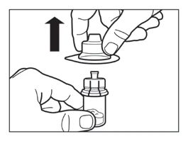 Mani che rimuovono il cappuccio protettivo di plastica dalla parte superiore della fiala, indicato da una freccia rivolta verso l'alto verso il tappo sollevato