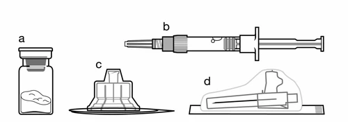 Illustrazione schematica che mostra una fiala con polvere a, un tappo b, una base c e una siringa con ago inserito in un rivestimento d