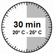 Tarcza zegara z zaznaczonym szarym polem od godziny 12 do 6, napisem 30 min oraz zakresem temperatury 20°C - 25°C