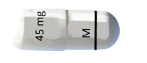 A white capsule with black text '45 mg' on one part and a black letter M and a vertical line on the other part of the medication