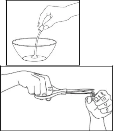 A hand pouring liquid from a small vial into a glass bowl and hands cutting off the tip of a plastic ampoule using scissors
