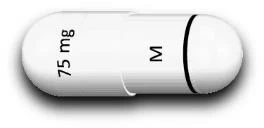 A white capsule with black text '75 mg' on the left side and a black letter M on the right side, on a light background with a subtle shadow underneath