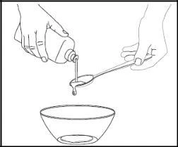 Left hand holding a medicine bottle, drops falling into a spoon held by the right hand, then into a bowl below