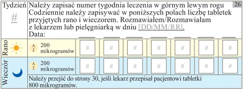 Tabla para el seguimiento del tratamiento con campos para el número de semana, fecha, número de comprimidos de 200 microgramos tomados por la mañana y por la noche, e iconos de sol y luna