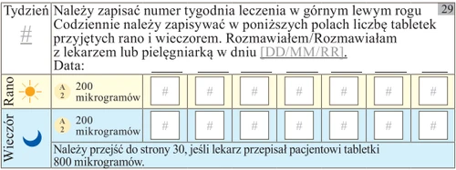 Tabla para el seguimiento del tratamiento con campos para el número de semana, fecha y número de comprimidos de 200 microgramos tomados por la mañana y por la noche