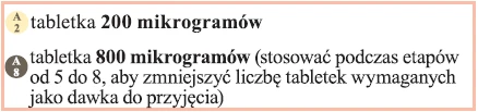 Texto informativo sobre la dosificación: comprimido A2 con contenido de 200 microgramos y comprimido A8 con contenido de 800 microgramos, para usar en las etapas de 5 a 8