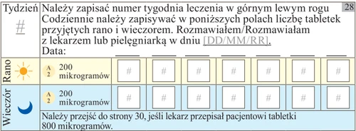 Tabla para el seguimiento del tratamiento con campos para número de semana, fecha y número de comprimidos tomados por la mañana y por la noche de 200 microgramos