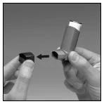 Hands separating or joining two parts of the inhaler, with an arrow indicating the direction of attaching the upper part to the lower housing of the device