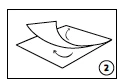 Schematic illustration showing two layers of paper or foil, with the upper layer being lifted and bent back using a curved arrow marked with the number 2