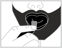 A hand holding a small, rectangular tablet and bringing it close to the open mouth of a person to swallow the medication
