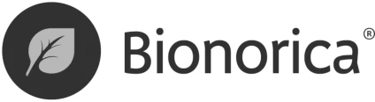 Bionorica brand logo featuring a black circle containing a gray leaf symbol next to the dark gray text Bionorica with the registered trademark symbol