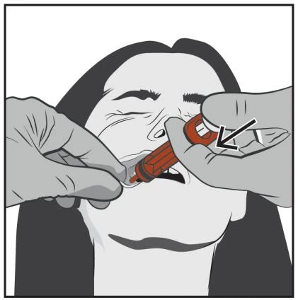 Hands holding a red inhaler applied to a woman's mouth for inhalation, black and white medical illustration