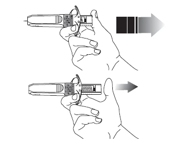 Dos dibujos en blanco y negro de una mano sosteniendo un inyector, mostrando el movimiento del dispositivo hacia la derecha indicado por flechas junto al dispositivo