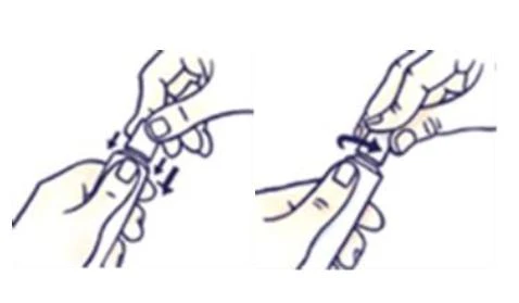 Two hands holding a white container, arrows indicate rotational movement and downward displacement of a component to open or secure the device