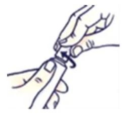Two hands holding and twisting a white medication package component in the direction indicated by the black arrow