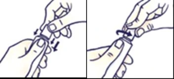 Two hands holding a white container, one hand pressing the top part and the other twisting a component to open or close the device