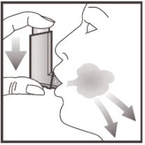 Disegno che rappresenta il profilo del viso di una persona che utilizza un inalatore, con le mani che tengono il dispositivo e una nuvola di farmaco che esce dalla bocca
