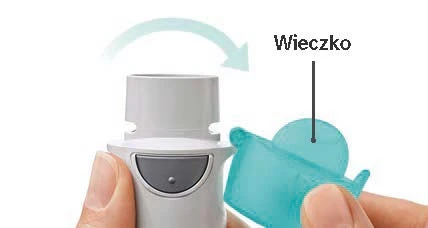 A hand removing a blue cap from the top of a white medical device, indicating the lid-opening process following a curved arrow