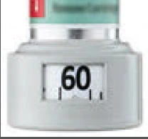 Close-up of a white medication package with a clear measuring scale and a large black number 60 displayed in a window on a white background under the cap