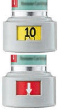 Two close-ups of a white dosing device showing a yellow window with the number 10 and a red window with a white downward-pointing arrow