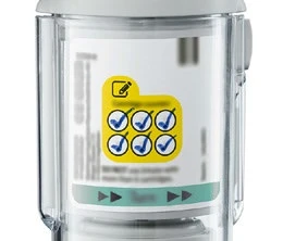 Transparent medication container with a yellow label containing a pencil icon and six blue checkmarks inside circles