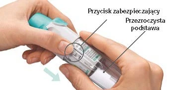 Hands holding a white-turquoise auto-injector, highlighting the safety button, transparent base, and an arrow indicating movement direction
