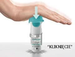 A hand pressing down on the top part of a white medical device, with a blue arrow indicating downward motion next to the word CLICK