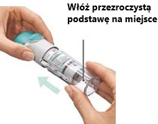 Two hands holding a white-blue inhaler, attaching a transparent base to the device, indicated by an arrow and instruction text