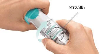 Two hands holding a white-turquoise device, with a blue arrow indicating rotational movement around a black circle labeled 'Arrows'