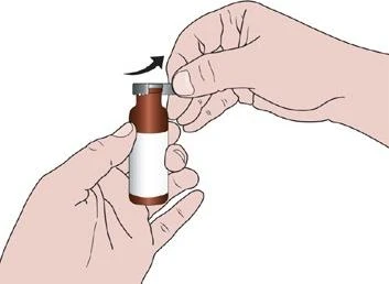 Dwie dłonie trzymają brązową fiolkę z białą etykietą, jedna ręka podważa metalową zakrętkę, wskazują na to czarna strzałka skierowana w górę