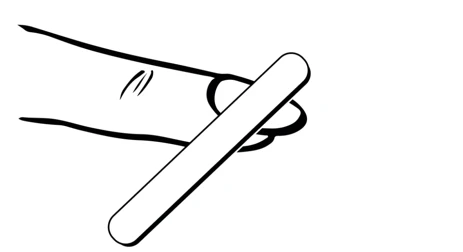 Black line drawing showing an index finger holding a white, elongated object with rounded ends at an angle