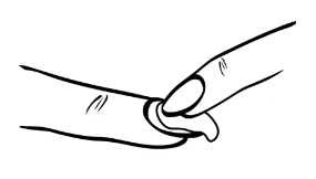 Index finger holding a small, round patch or dressing, applying it to the surface of another finger to secure the skin