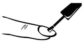 Black icon depicting an applicator applying a preparation onto the nail plate of a finger in the form of a simplified line drawing