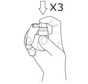 Disegno che mostra una mano che tiene un piccolo atomizzatore, con una freccia rivolta verso il basso e il simbolo X3 che indica l'uso triplicato