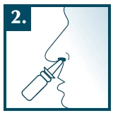 A person's facial profile with the dispenser nozzle inserted into the nostril; the number 2 is visible in the upper left corner