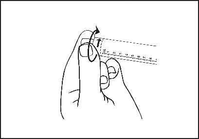 A hand holding a ruler applied to the index finger, with a black arrow indicating rotational movement of the finger around the ruler's axis