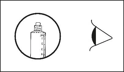A black icon depicting a vial with a millimeter scale inside a circle and an eye symbol on the right side on a white background