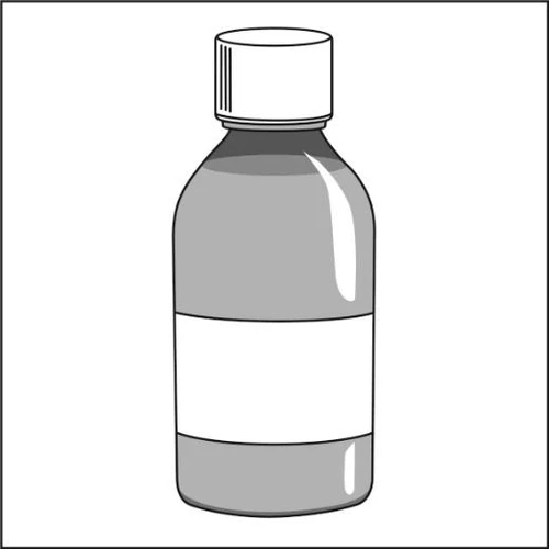 Botella gris con tapón blanco y etiqueta blanca vacía colocada sobre fondo blanco, representada en forma de dibujo lineal simplificado.