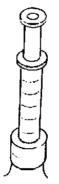 Black-and-white drawing showing a vertically oriented cylindrical syringe with characteristic rings at both ends and a ribbed barrel surface